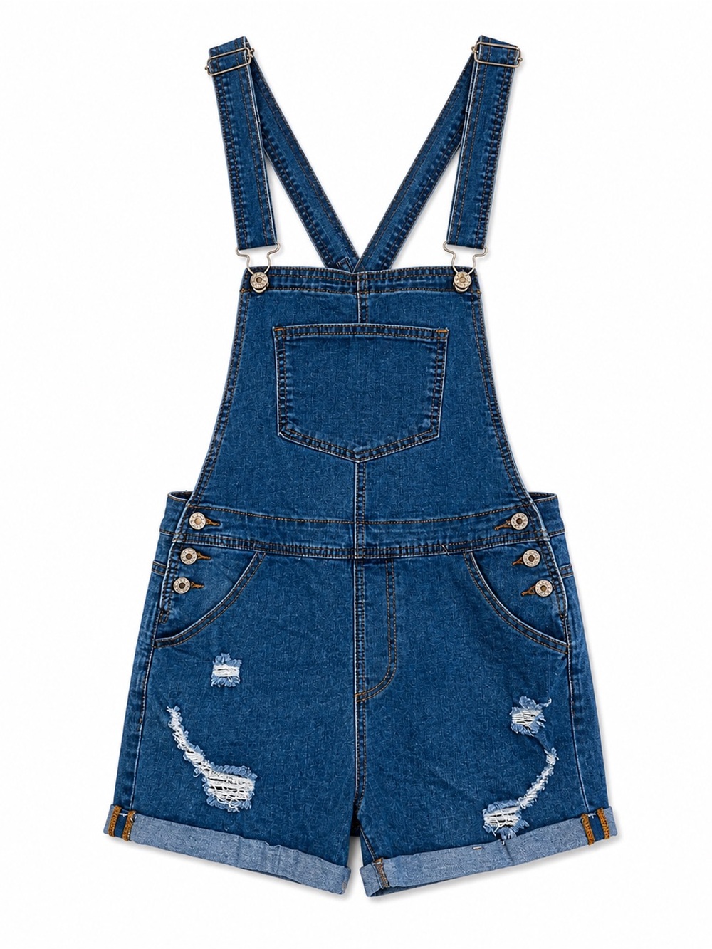 Denim Short Overalls - Blue Distressed